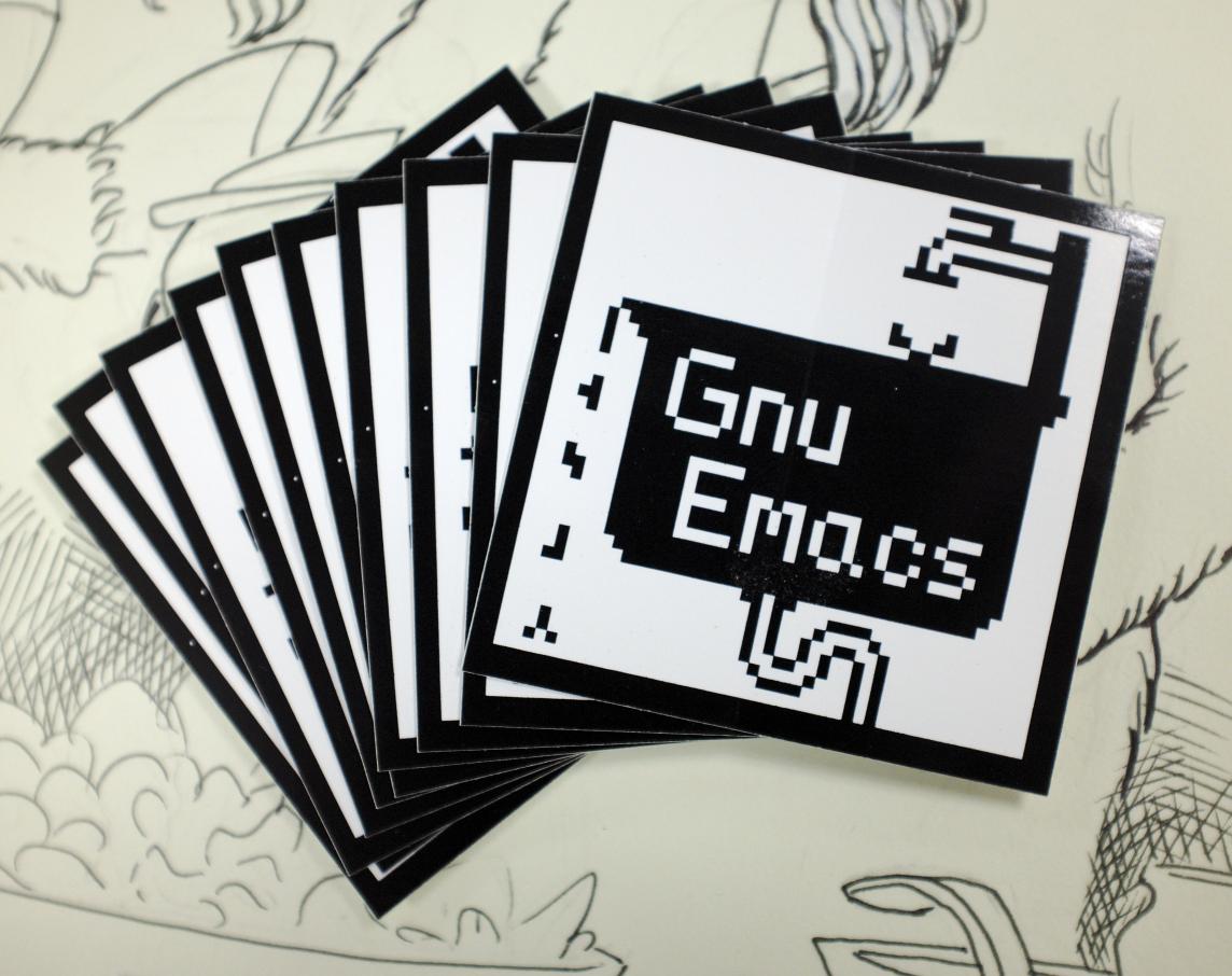 Gnu Emacs sink logo stickers in a fan like arrantement