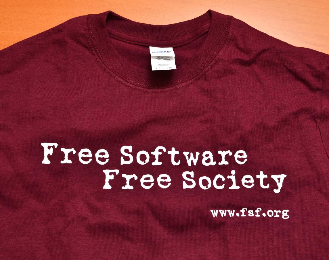 Maroon shirt with the text "free Software Free Society"