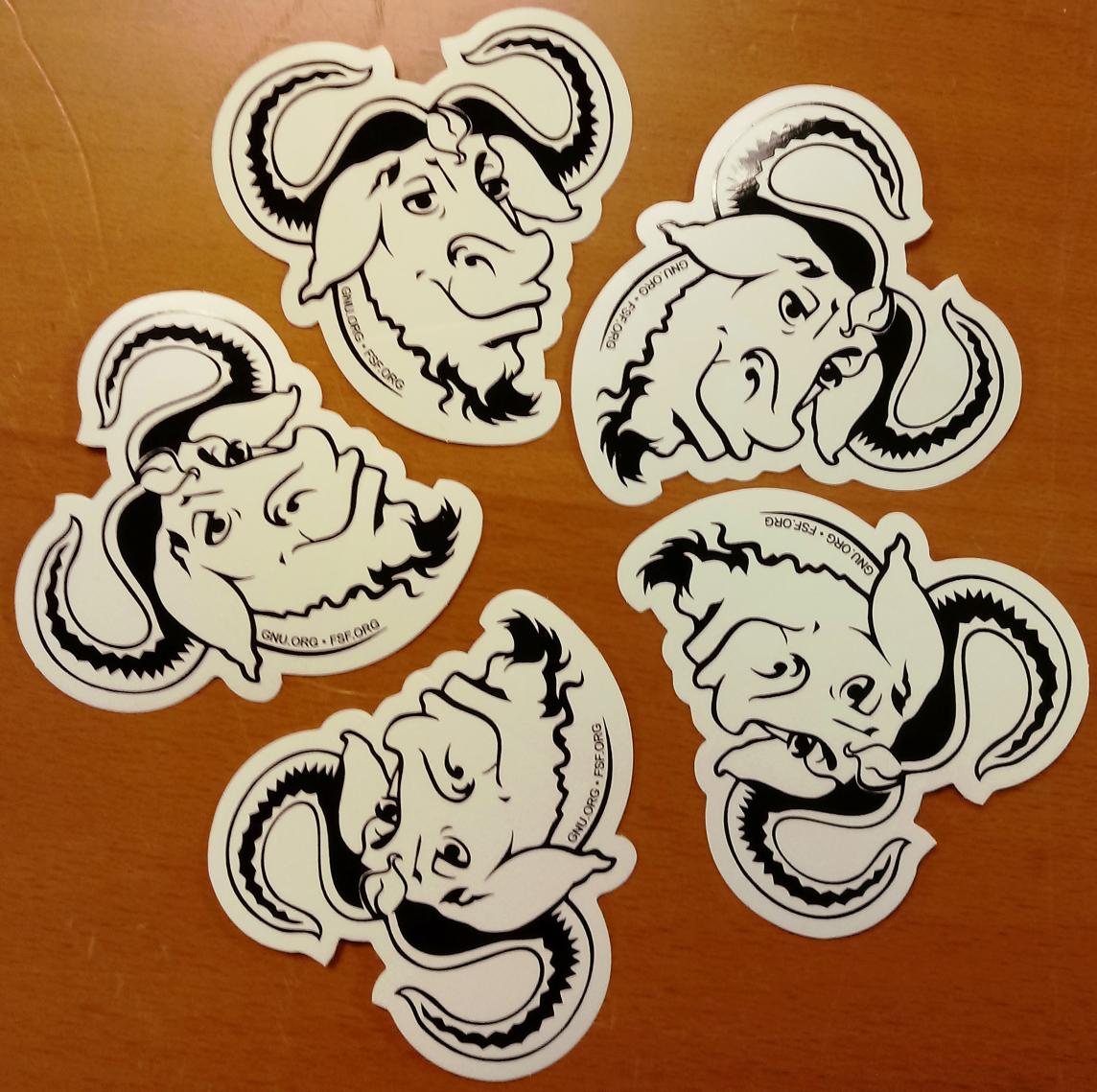 GNU head stickers in a spiral arrangement