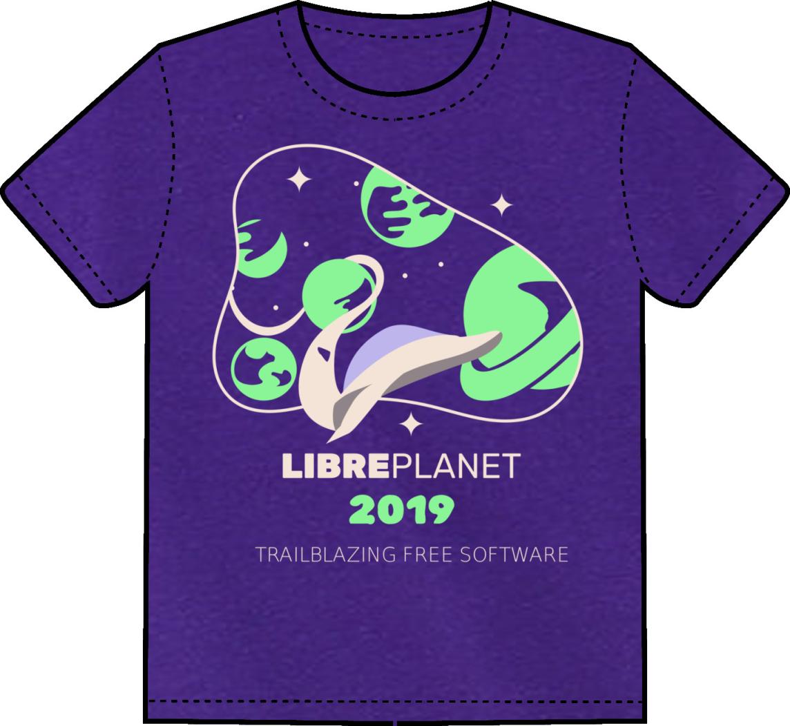 A purple shirt that says "LibrePlanet 2019 Trailblazing Free Software"