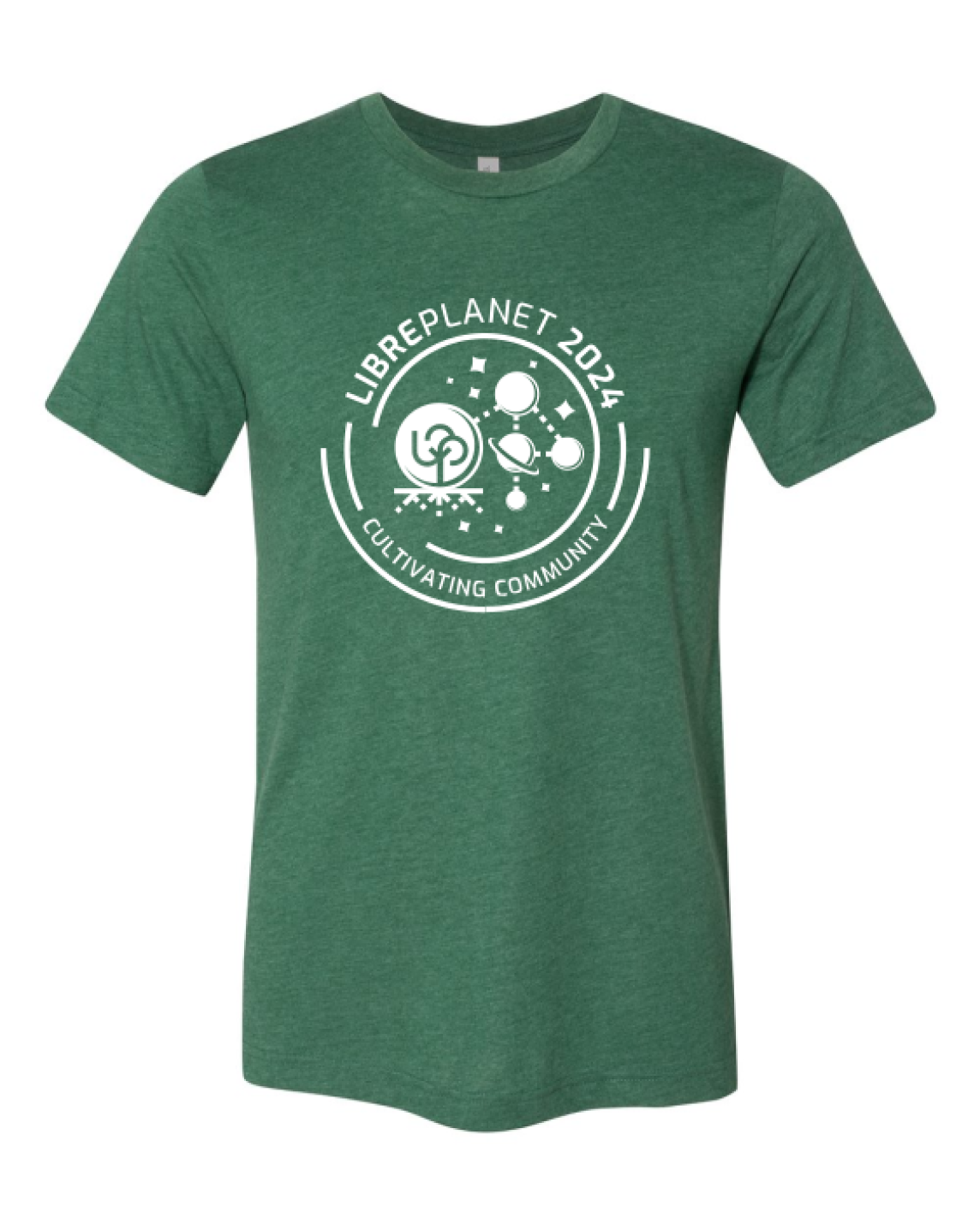 A green shirt that says "LibrePlanet 2024 Cultivating Community"