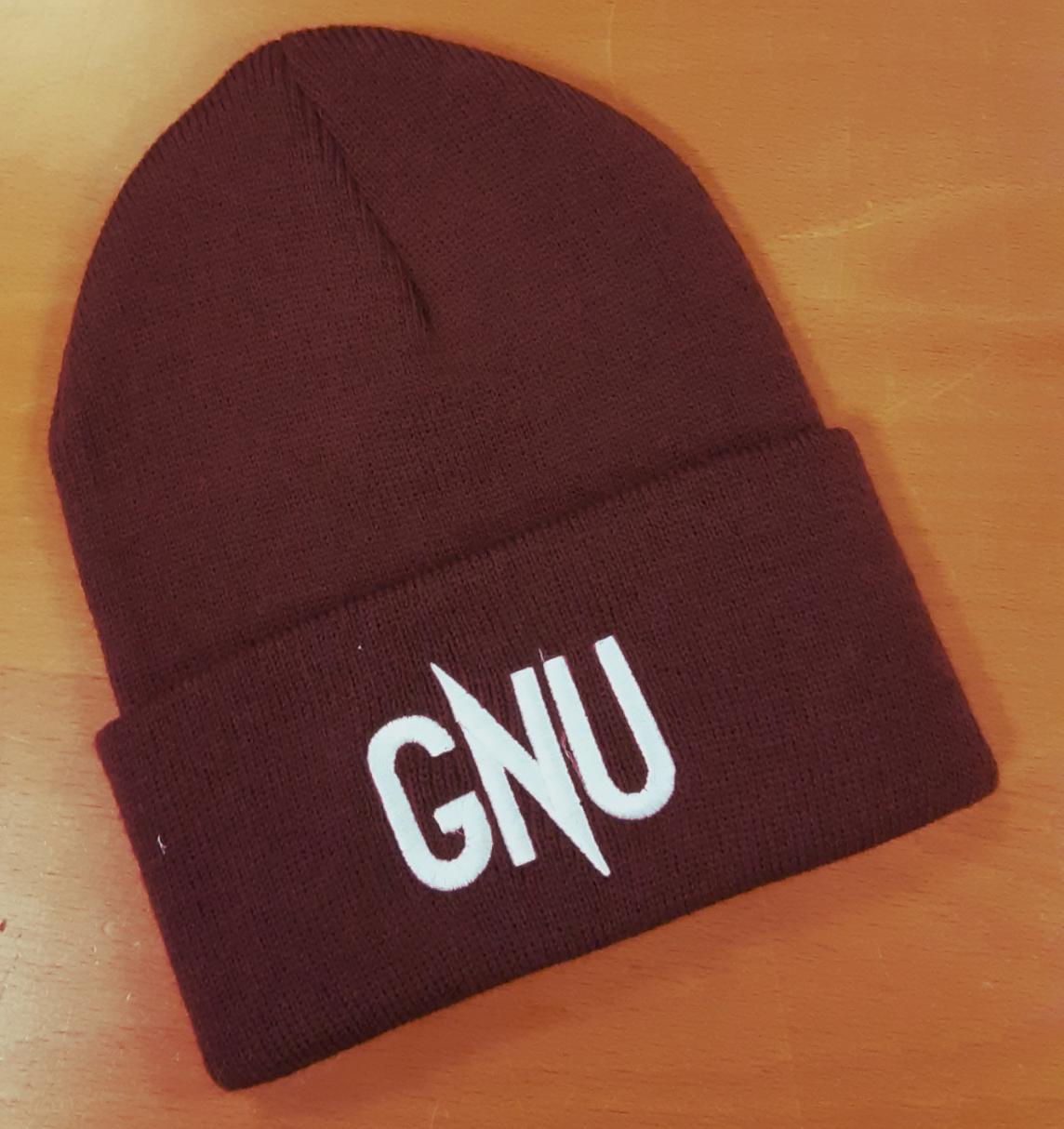 A maroon hat with the word "GNU"