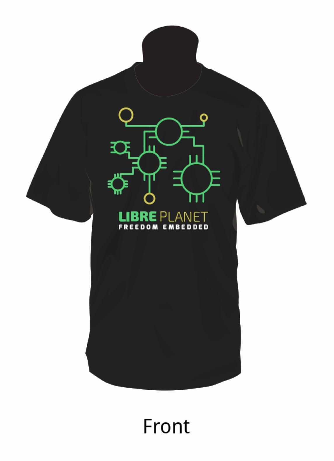 The back of the t-shirt, which shows a circuit diagram and the text "LibrePlanet 2018 Freedom Embedded"