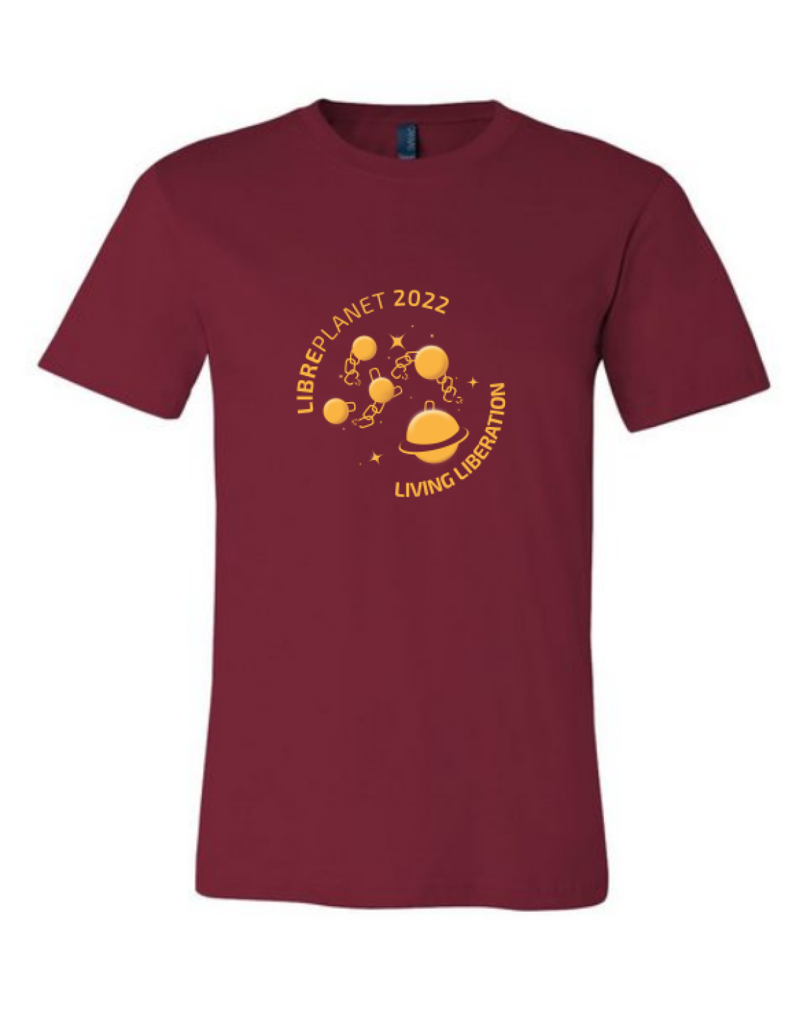 A maroon shirt that says "LibrePlanet 2022 Living Liberation"