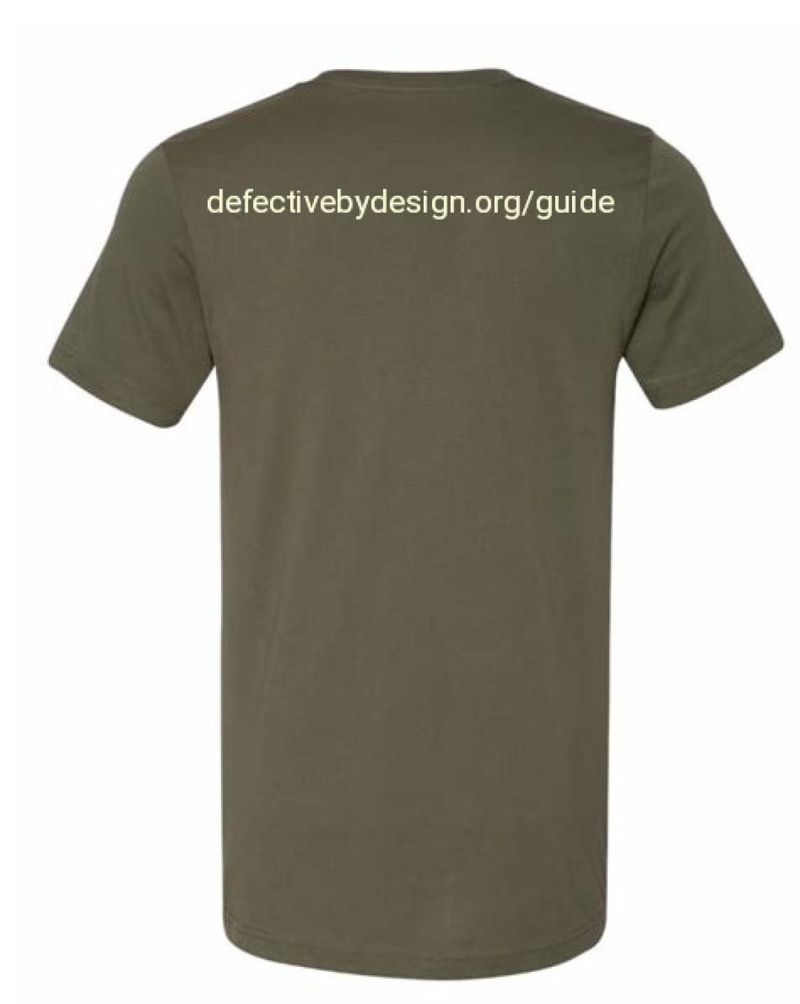 The back of the shirt, which says "defectivebydesign.org/guide"