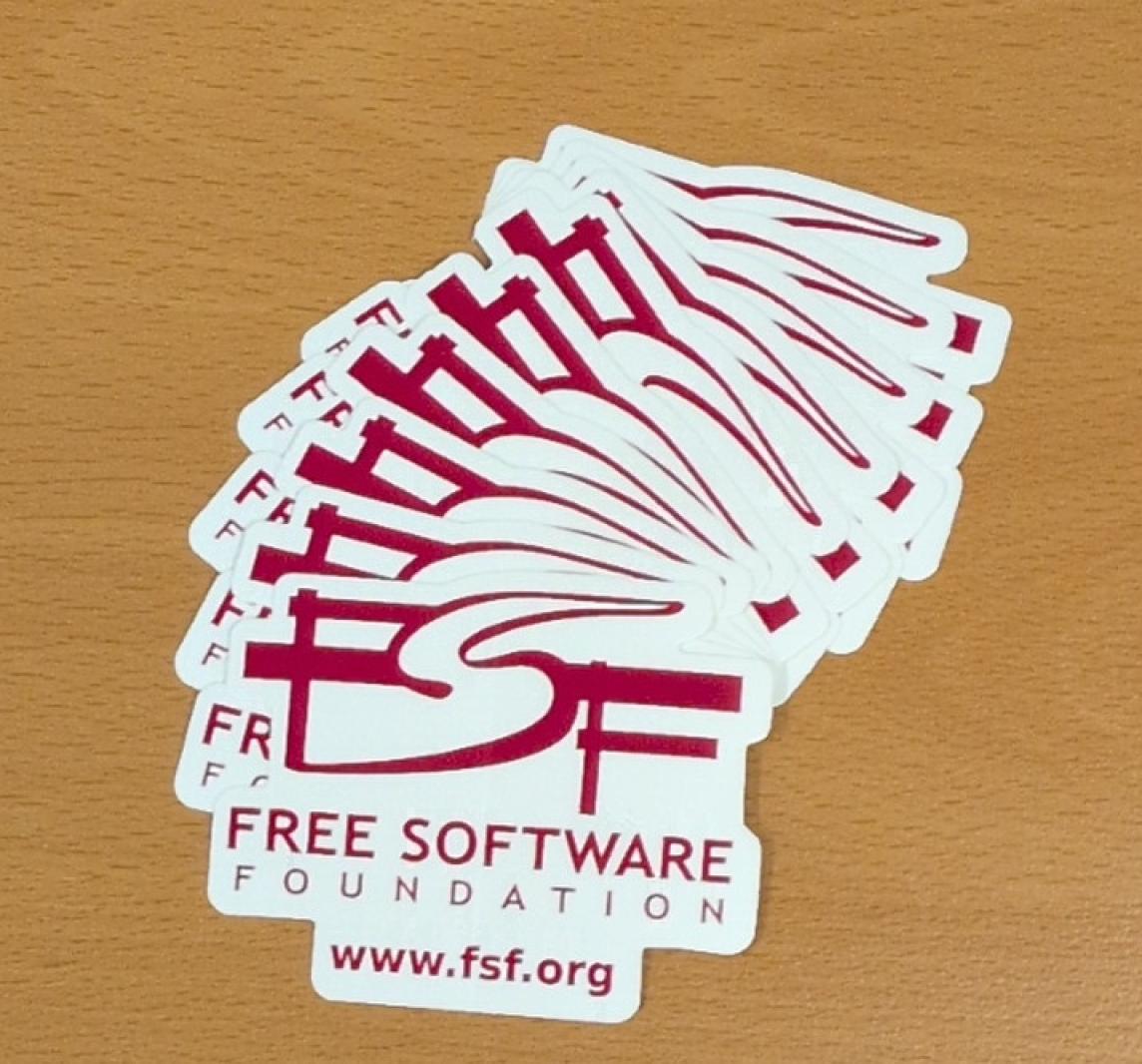 An arrangement of 10 FSF logo stickers