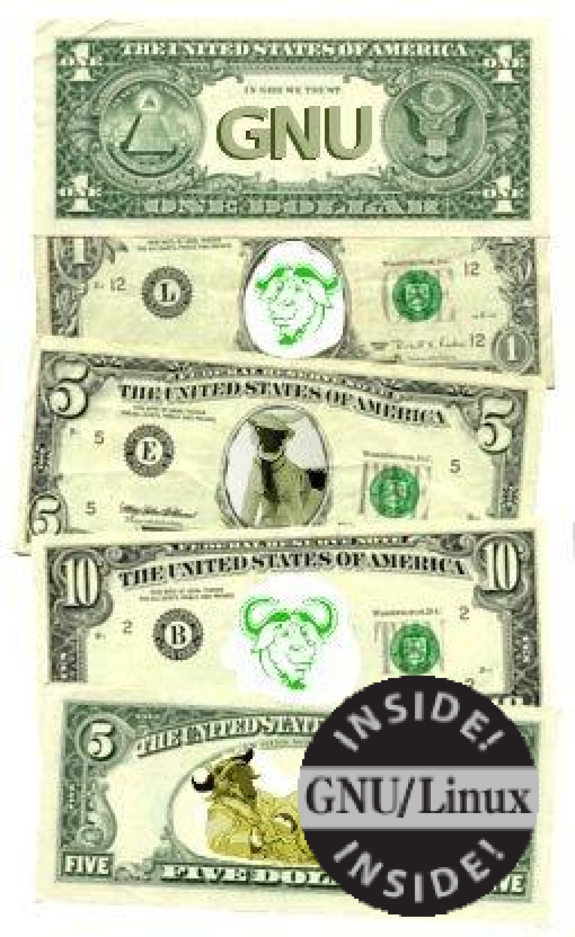 Fronts and backs of GNU Bucks