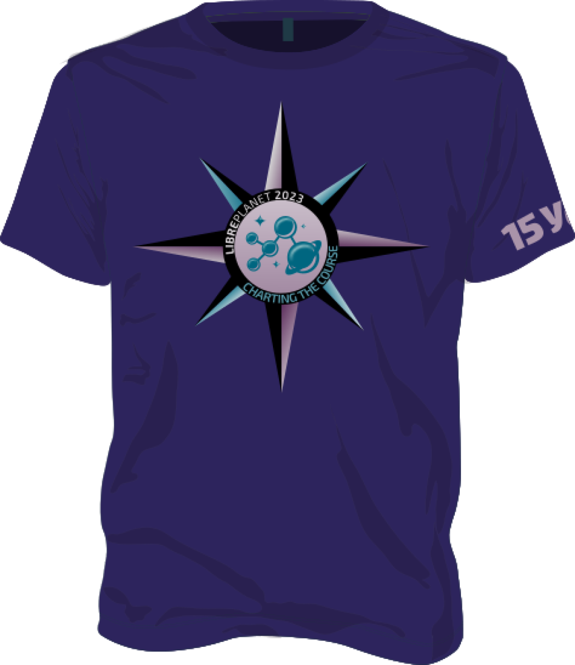 A bue shirt with a LibrePlanet 2023 logo