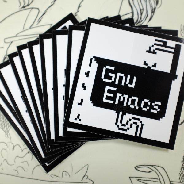Gnu Emacs sink logo stickers in a fan like arrantement