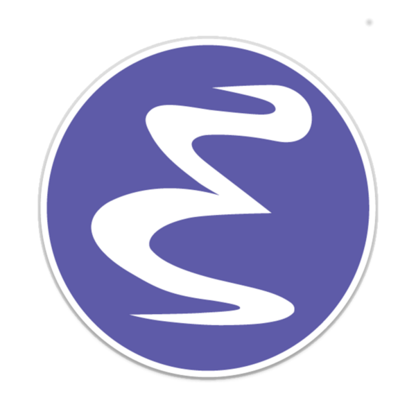 Curvy Emacs logo on a purple circular background