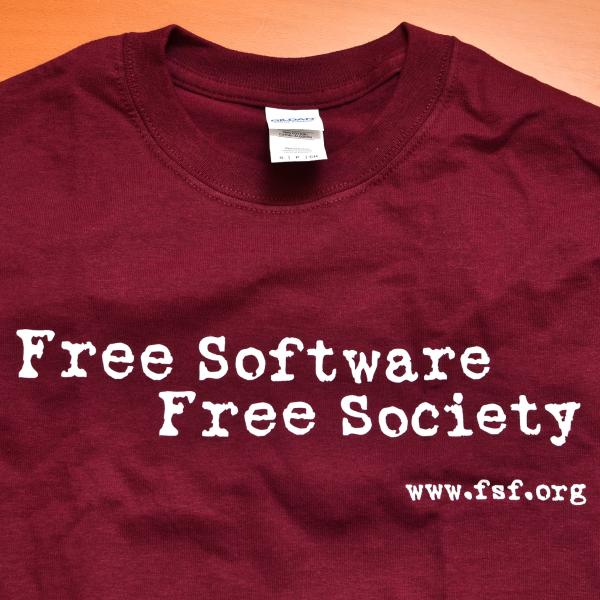 Maroon shirt with the text "free Software Free Society"