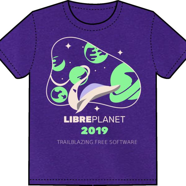 A purple shirt that says "LibrePlanet 2019 Trailblazing Free Software"