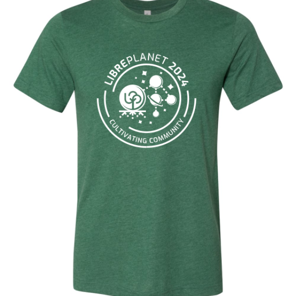 A green shirt that says "LibrePlanet 2024 Cultivating Community"