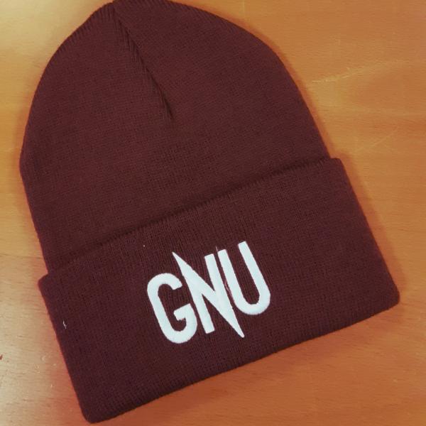 A maroon hat with the word "GNU"