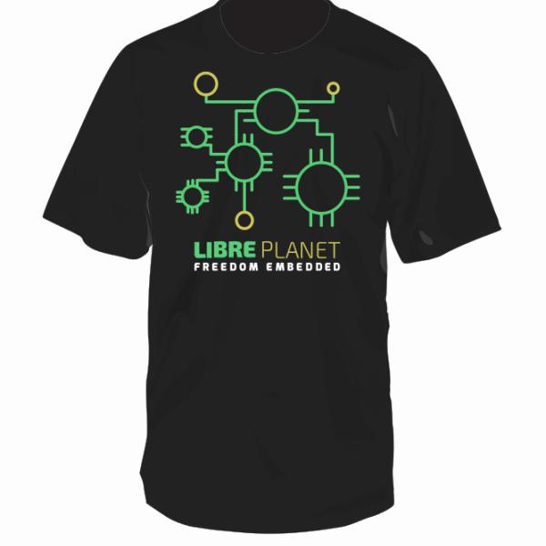 The back of the t-shirt, which shows a circuit diagram and the text "LibrePlanet 2018 Freedom Embedded"