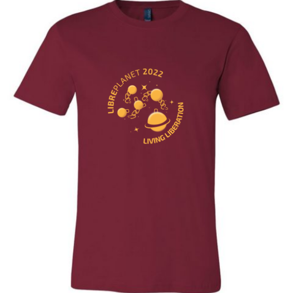 A maroon shirt that says "LibrePlanet 2022 Living Liberation"