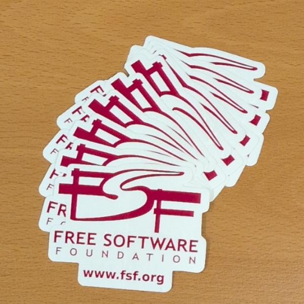 An arrangement of 10 FSF logo stickers