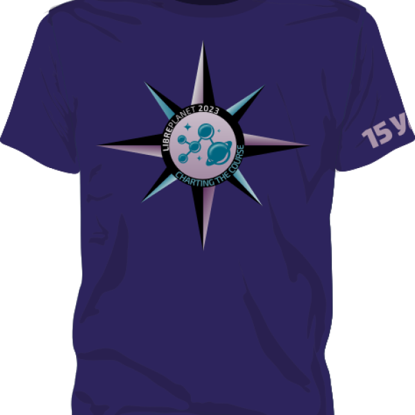 A bue shirt with a LibrePlanet 2023 logo